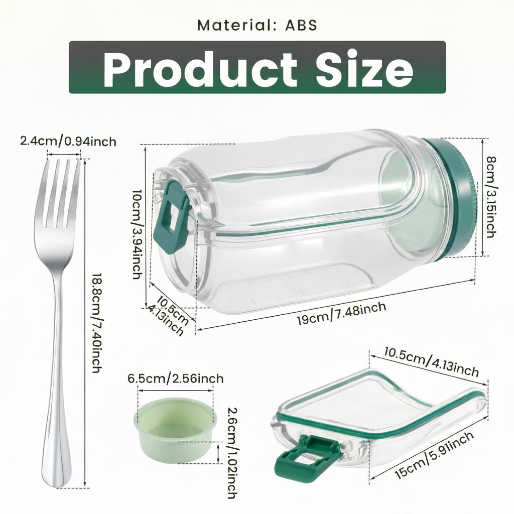 Salad Pod Jar Product size chart with dimensions of a clear container, lid, and fork on a white background.