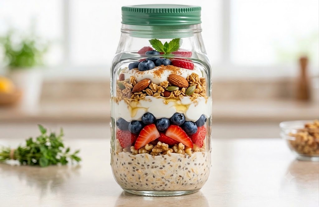 Salad Pod Jar used for a healthy layered breakfast with oats and berries