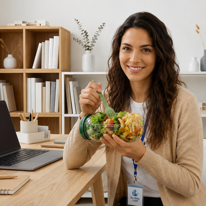 Woman holding a salad in an office setting