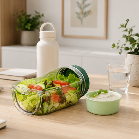 Salad container with salad on a desk next to a water bottle, and dressing.