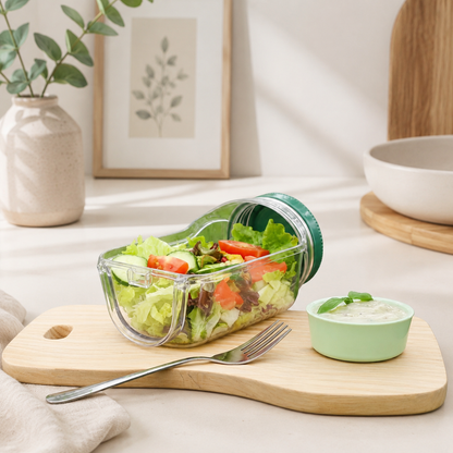 Salad jar with a salad and dressing on a wooden board with a fork, set against a neutral background.