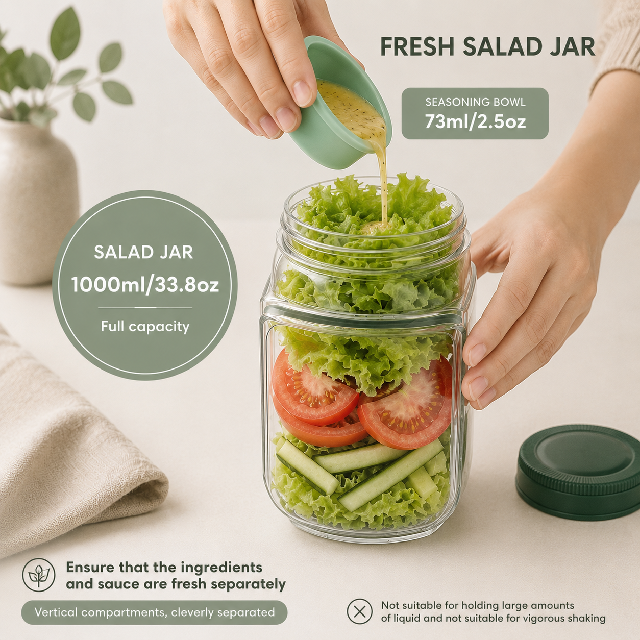 Salad jar with fresh ingredients and a person pouring dressing, on a neutral background.