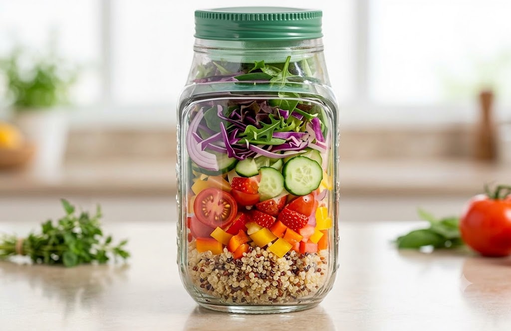 Leakproof glass salad pod jar with layered meal prep on a kitchen counter.
