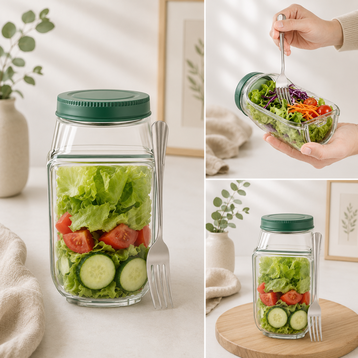 Salad jar with salad and green lid, held by a hand with utensils, on a neutral background.