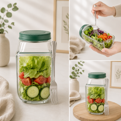 Salad jar with salad and green lid, held by a hand with utensils, on a neutral background.