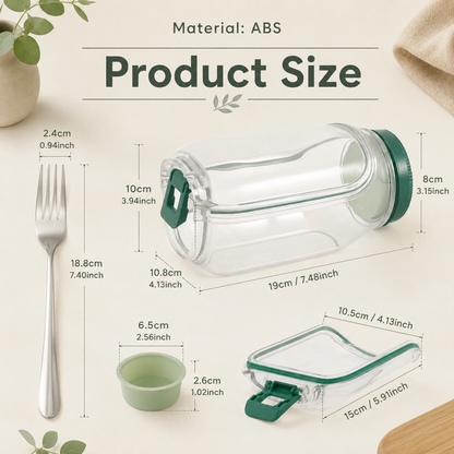 Product size chart with green and clear container, fork, and small cup on a light background
